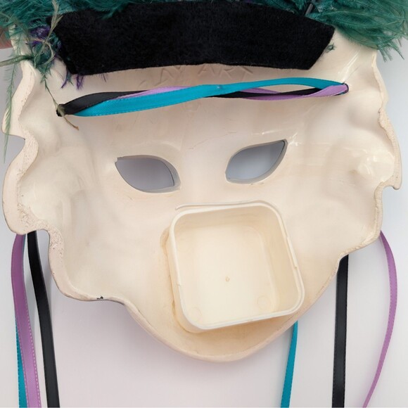 Vintage Clay Art Ceramic Wall Mask Teal Purple Feathers Cat Eye Masquerade 90s - Picture 8 of 12